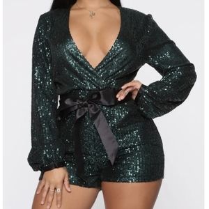 Fashion Nova Celeste Sequin Romper - Emerald New without tag Long Sleeve